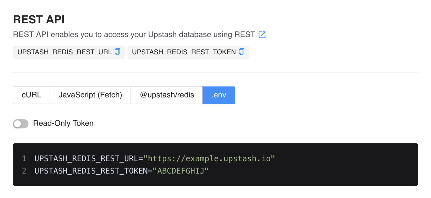 Upstash Console Get started with Astro and Redis: Screen capture shows Astro console with .env tab of REST API parameters section. API keys are displayed in this section